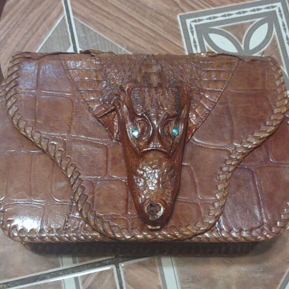 Alligator should purse brown vintage with adjustable straps with blue eyes - Picture 2 of 10